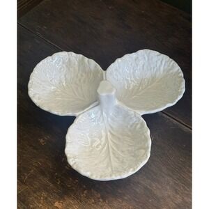 Olfaire Portugal White Ceramic Cabbage Leaf Divided Serving Dish 3 Section Tray